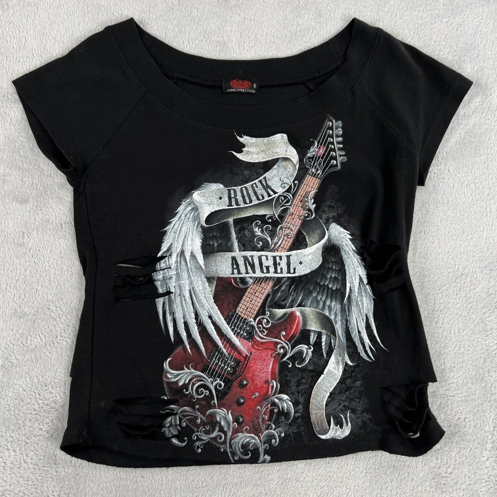 Spiral Direct Rock Angel Guitar Wings Tee S Black Womens Gothic Distressed Punk